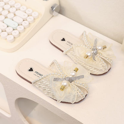 Girls' Children's Slippers Summer Style Fish Mouth Outdoor Half Drag Sandals Fashionable Middle-aged Children's Bow One Line Cool Drag