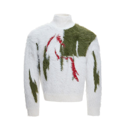 Mink-faux Fur Contrast-color Sweater With Diamond-embellished Horse Totem Knitwear