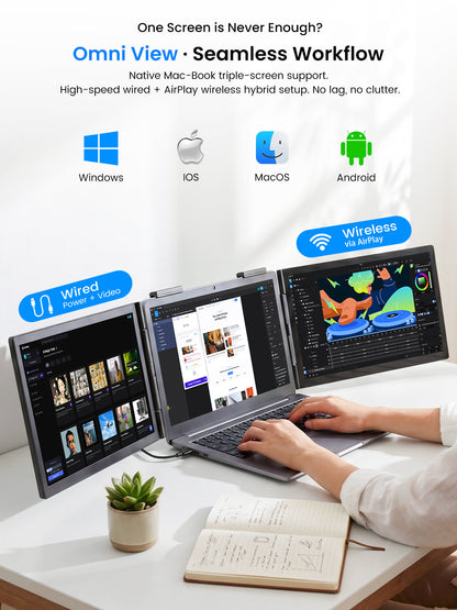 UPERFECT Portable Monitor 14 Inch Wireless Triple, Laptop Screen Extender, Ultra-Slim, 125 Percent SRGB, One Cable Plug And Play, For MacOS Win Android, Fits 13.3-17.3 Inch Laptops