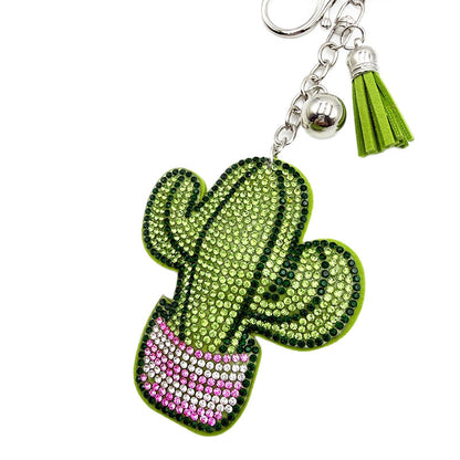 Diamond-Encrusted Cactus Keychain With Tassel Metal Pendant