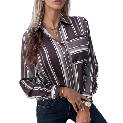 Elegant Sophisticated Striped Patchwork Print Blouse With Long Sleeves For Workwear