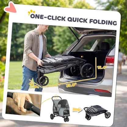 3 Wheel Pet Stroller with Easy One-Click Quick Fold, Mesh Window, Washable Cushion, for Medium Dogs