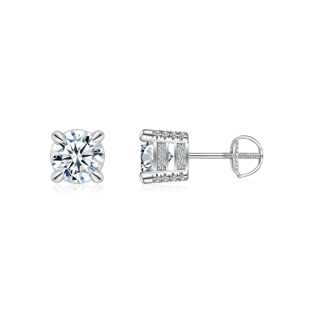 S925 Sterling Silver Moissanite Stud Earrings, 0.5&2ct D-VVS1 4-Prong Basket Pave With Screw Backs, GRA Certificate Gift Box