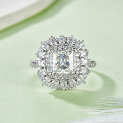 S925 Sterling Silver 2ct Princess Cut Moissanite Ring, D-VVS1 Double Halo Cluster, Platinum Plated 5.8g US Sizes 5-9, GRA Certificate Gift Box