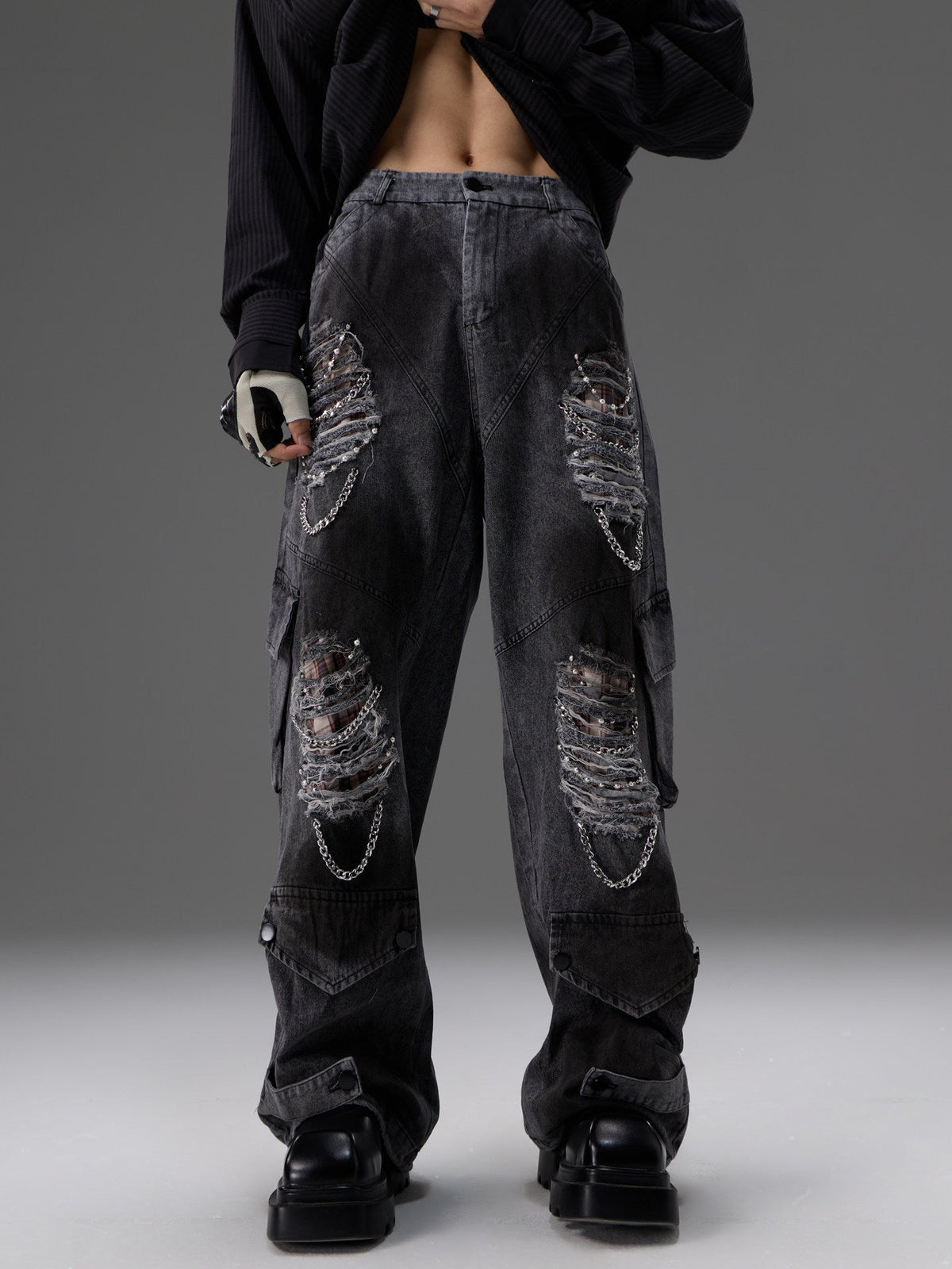 Retro Distressed Denim Jeans With Pearl And Metal Hardware Work Pants