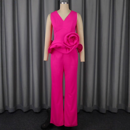 Three-dimensional Flower V-neck Sleeveless Top High Waist Fashion Straight-leg Pants