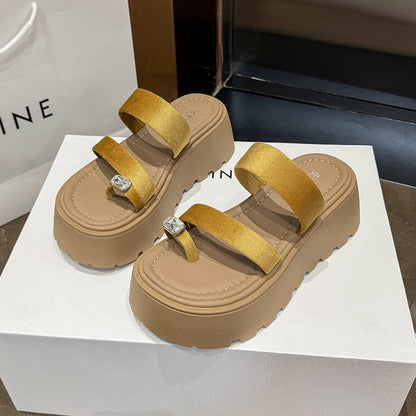2026 Summer French Rhinestone Platform Slide Sandals, Toe Post Chunky Sole Fairy Style Casual Versatile Beach Slippers