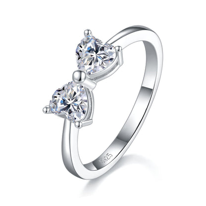 Heart Bow Tie Moissanite Promise Ring, 1 Carat D Color VVS1 Two-Stone S925 Silver Platinum Plated Ring With GRA Certificate, US Size 5-9.