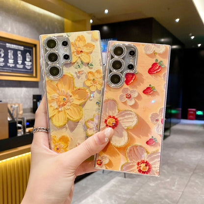 Luxury Rhinestone Oil Painting Flower Phone Case Lens Fine Hole All Inclusive