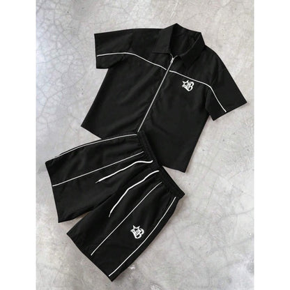 Striped Zip-front Short-sleeve Shirt And Shorts Set