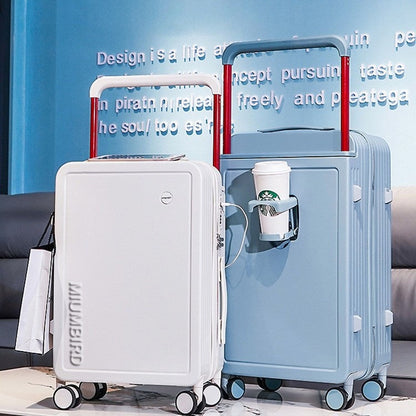 Wide Pull Rod Design Luggage Compartment, Front Open Lid, Stylish Large Capacity Luggage With Foldable Cup Holder And USB Interface