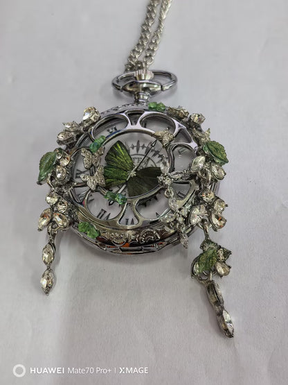 Couples Teal And Green Butterfly Animated Pocket Watch For Graduation Season