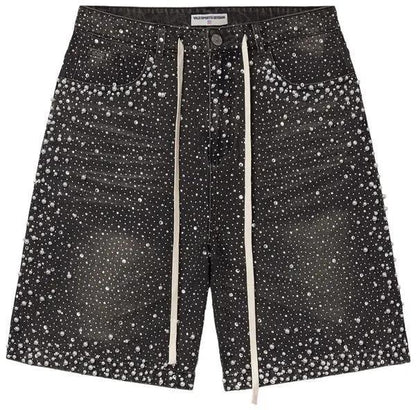 Straight-leg Rhinestone-studded Denim Shorts