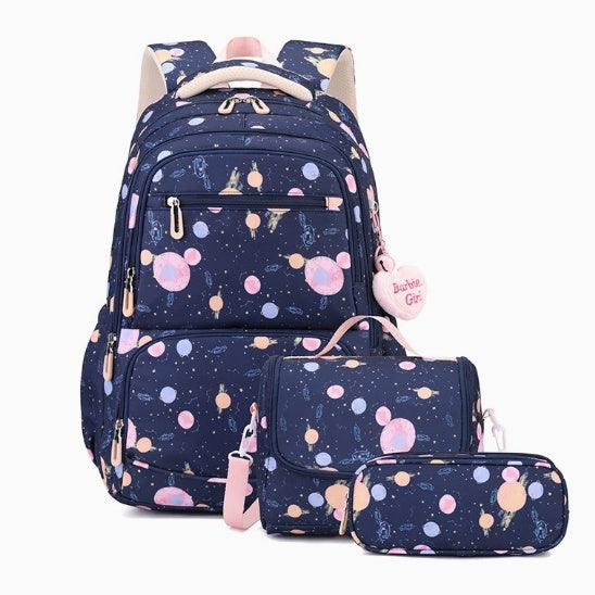 Three-piece Cartoon-print Set Junior High School Backpack Weight-reducing Campus Bag