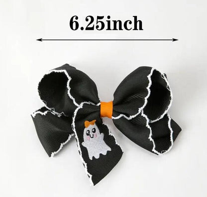 Halloween Ghost Embroidered Black Bow Hairpin