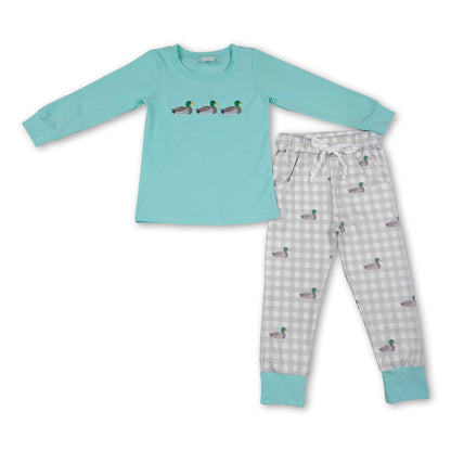 Long sleeves duck embroidery plaid pants kids boys outfits