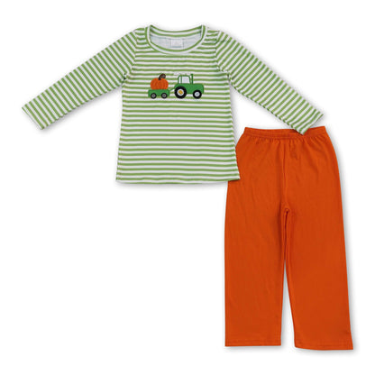 Green stripe pumpkin embroidery top pants boys fall outfits