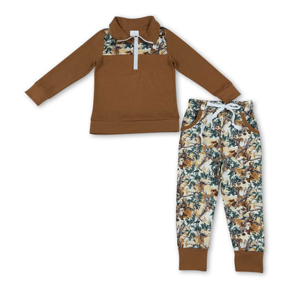 Long sleeves brown zipper pullover leaves pants boys outfits