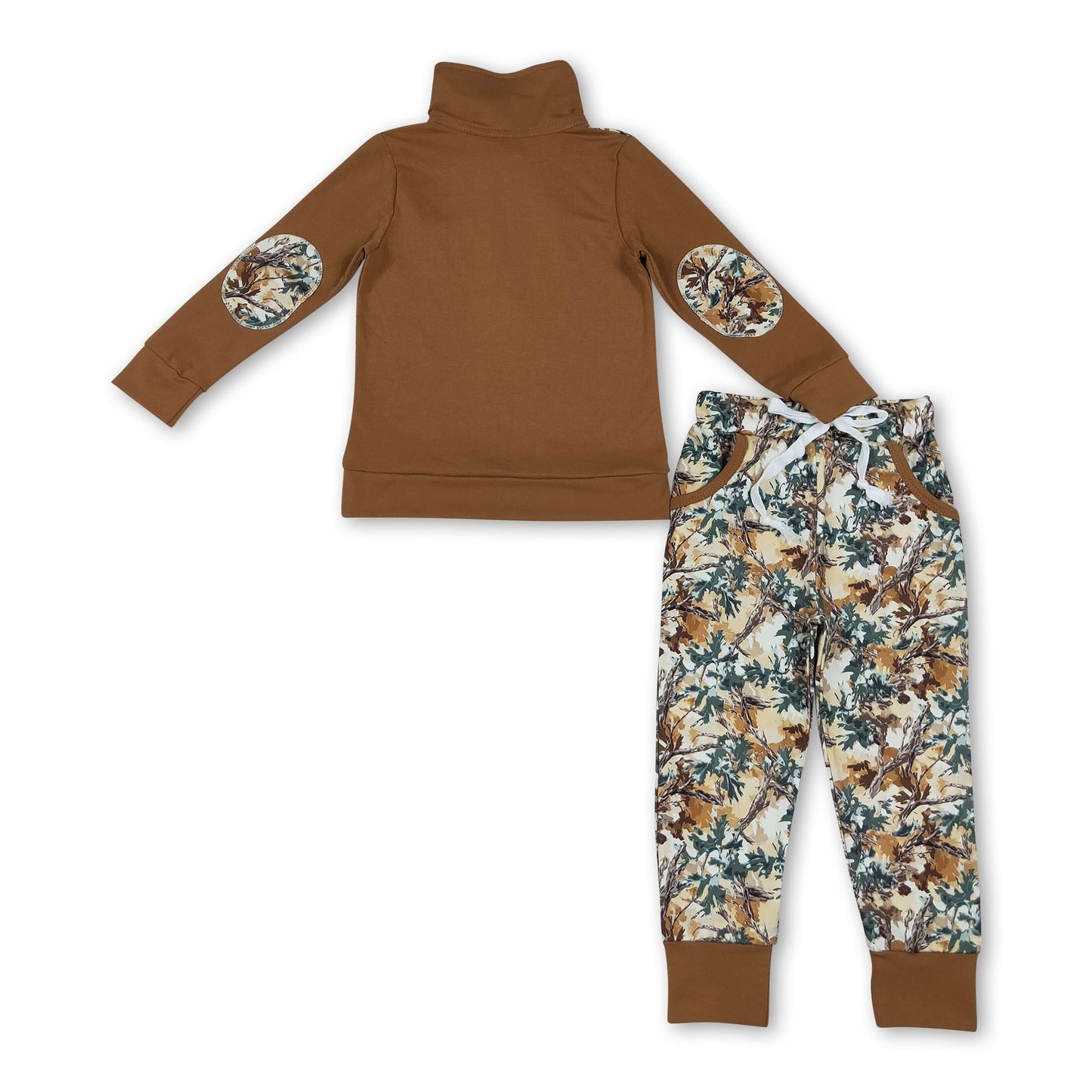 Long sleeves brown zipper pullover leaves pants boys outfits