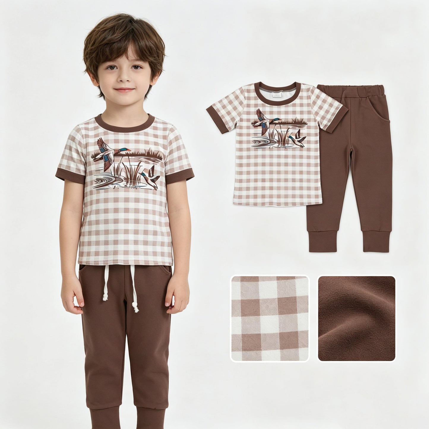 Short sleeves plaid duck plaid top pocket pants boys outfits