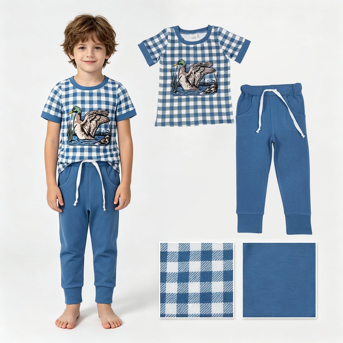 Short sleeves plaid duck top pants kids boys outfits