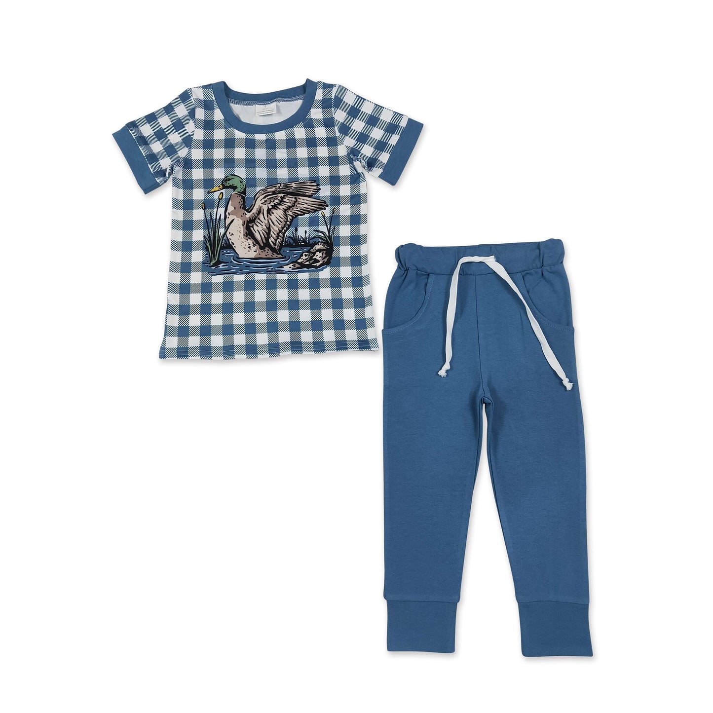 Short sleeves plaid duck top pants kids boys outfits