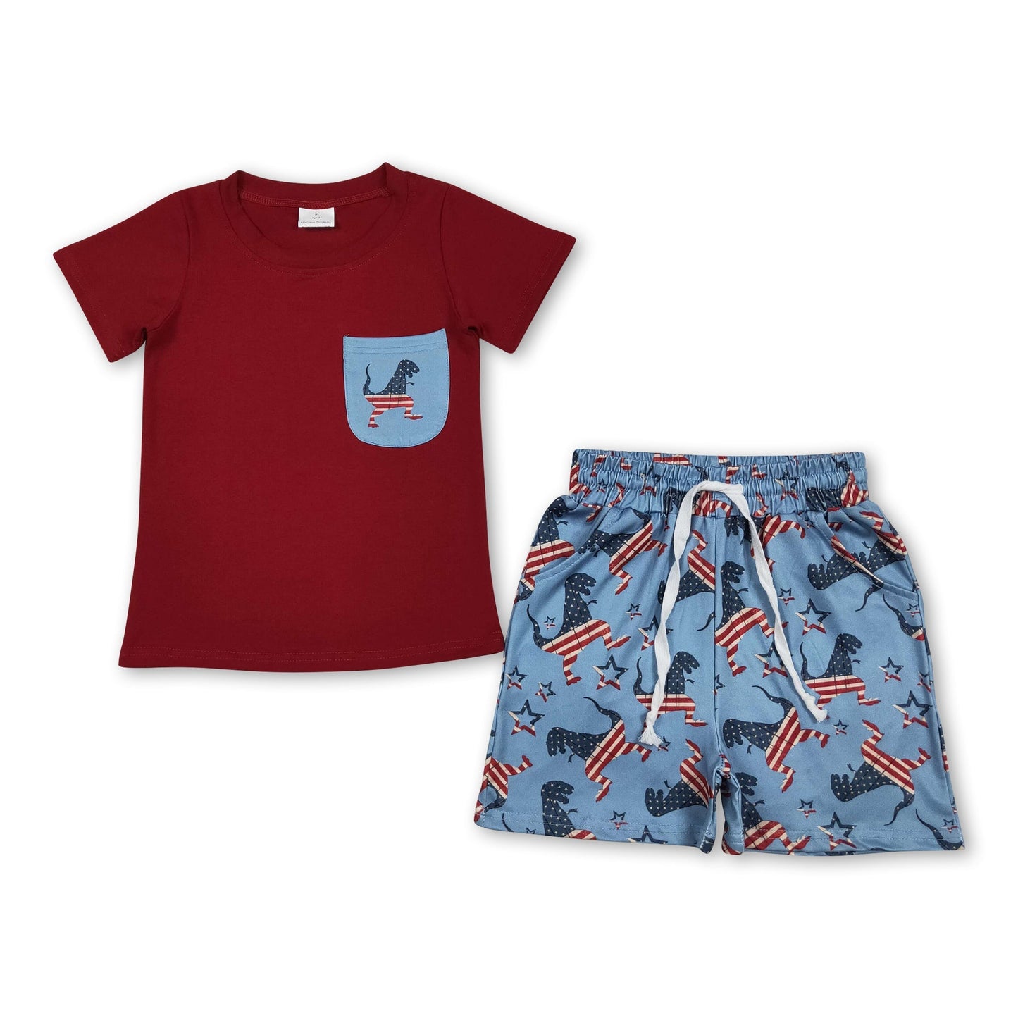 Red pocket top dinosaur shorts boys 4th of july clothes