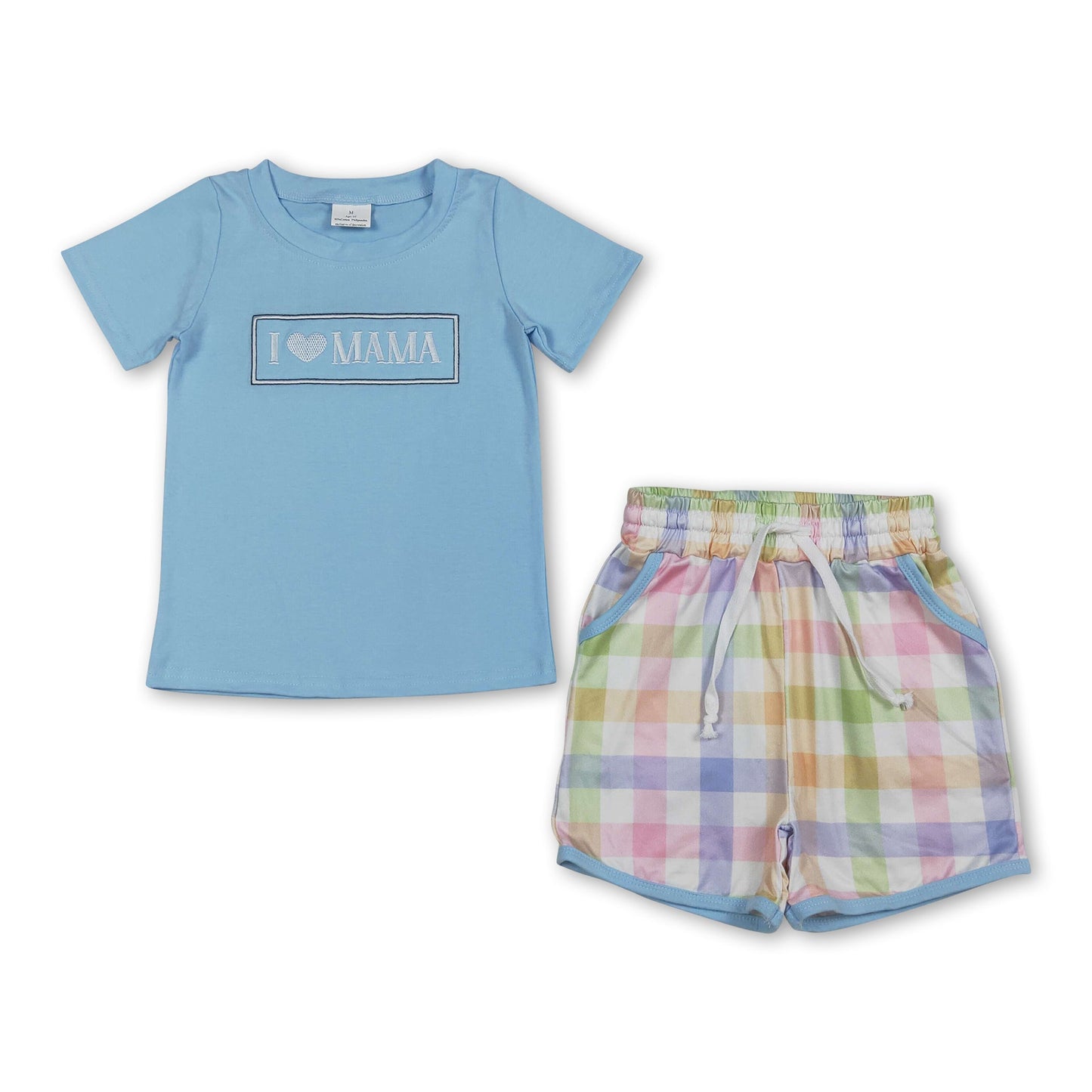 I love mama embroidery top colorful plaid shorts boys outfits