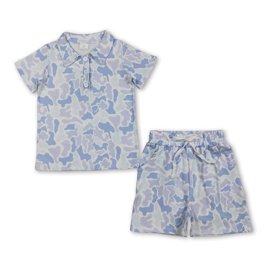 Light Blue Camo Polo Shirt Shorts Kids Boys Summer Outfits
