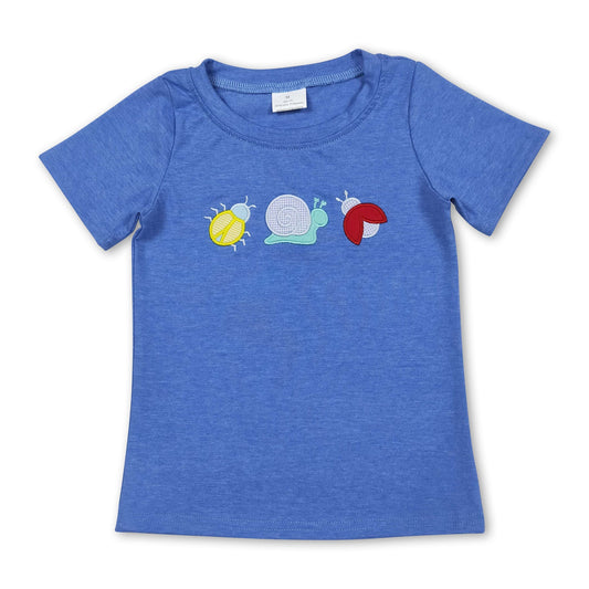Blue cotton short sleeves snail embroidery boys shirt