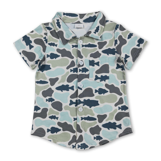 Short Sleeves Fish Camo Kids Boys Button Down Shirt