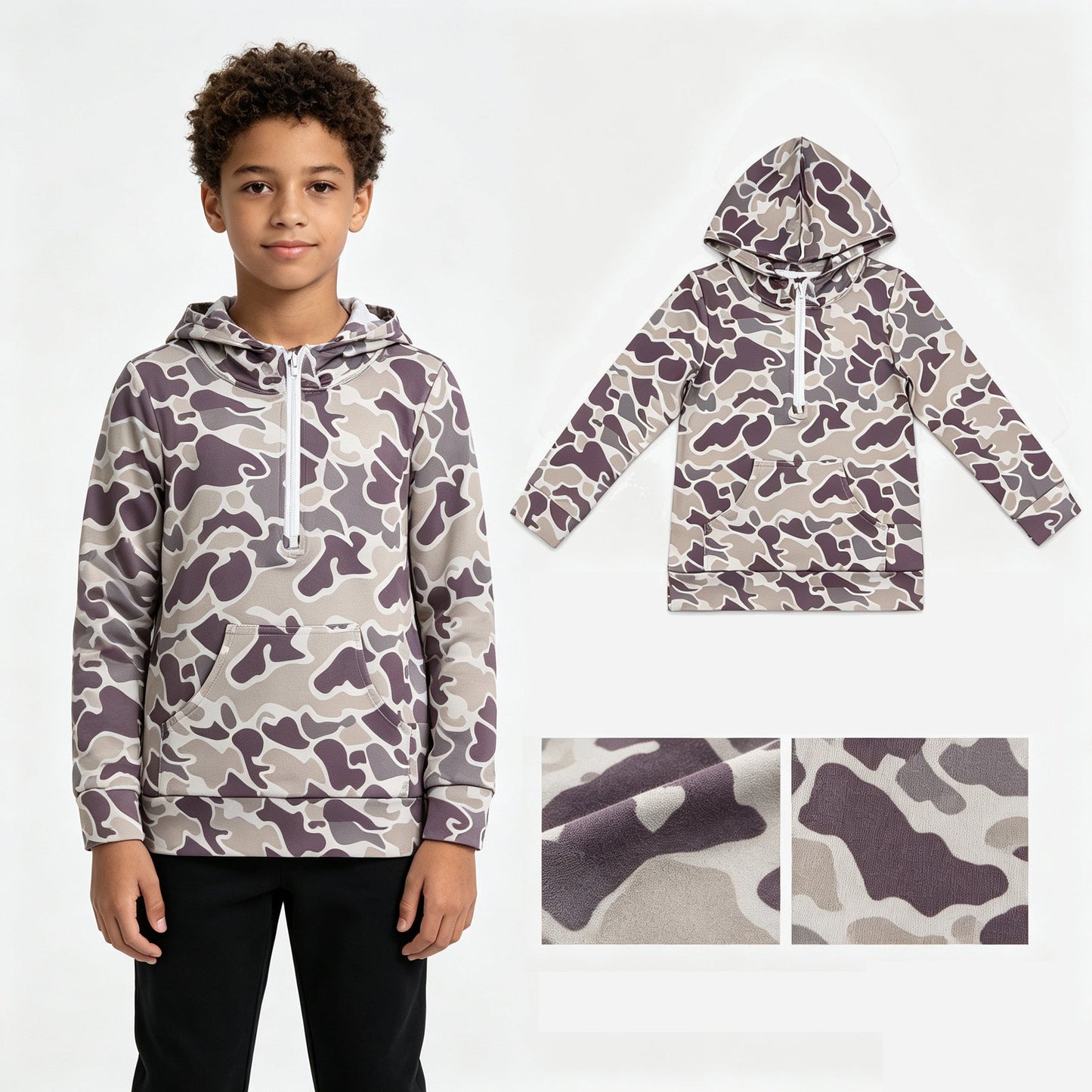 Long sleeves camo pocket zipper kids boys fall hoodie