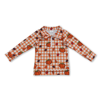 Plaid pumpkin leaves kids boys zipper fall pullover