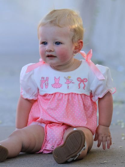 Fall Pink Ballet Embroidery Bow Bubble Romper