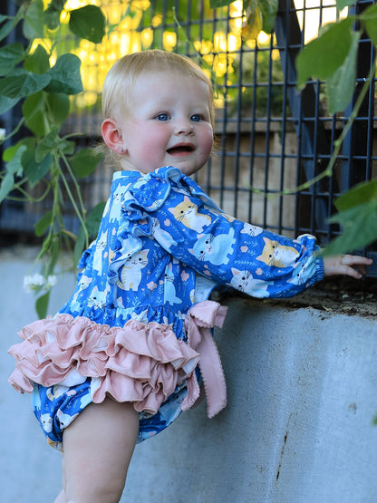 Fall Cat Print Girls Long Sleeve Romper
