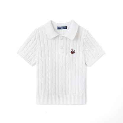 Cable Knit Polo Sweater in White