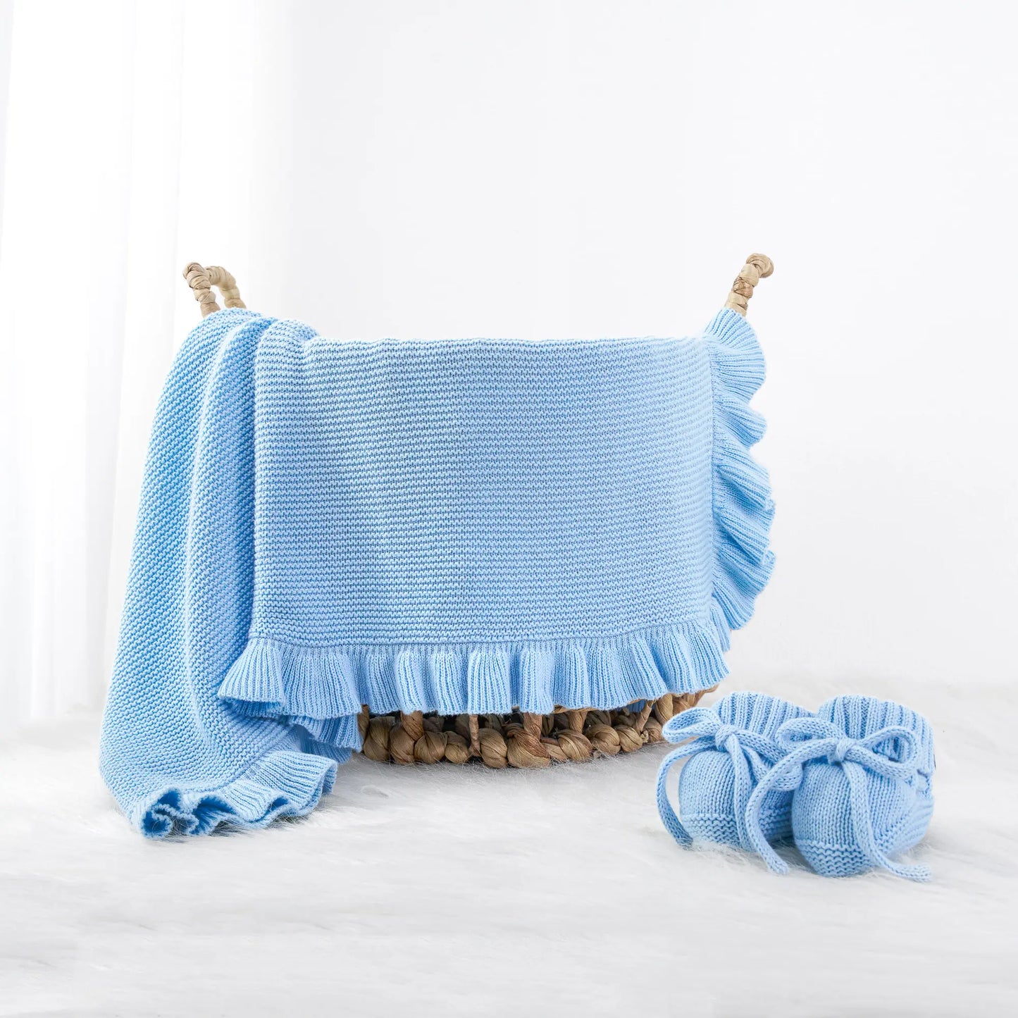 Ruffled Edge Knit Baby Blanket in Baby Blue
