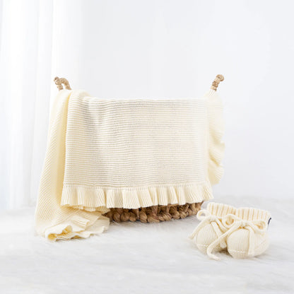 Ruffled Edge Knit Baby Blanket in Cream