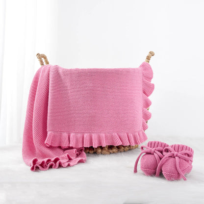 Ruffled Edge Knit Baby Blanket in Rose Pink