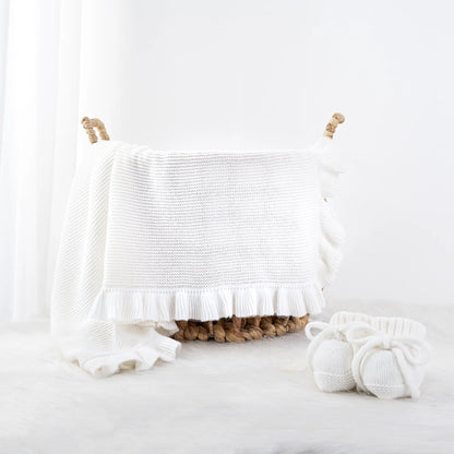 Ruffled Edge Knit Baby Blanket in White