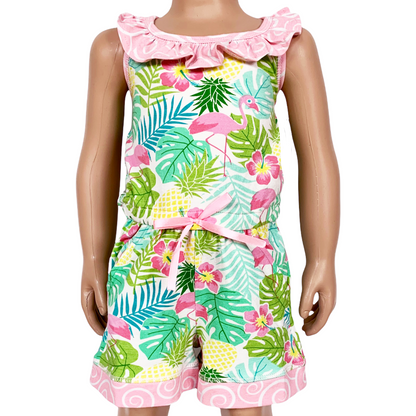 AnnLoren Little & Big Girls Pink Flamingo Palm Tree Kids Shorts Jumpsuit