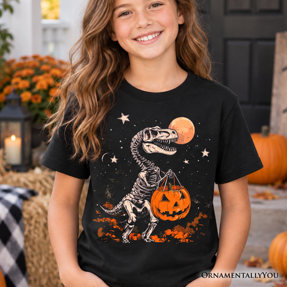 Spooky Saurus Kids T-Shirt, Halloween Dinosaur Skeleton Pumpkin Tee for Youth