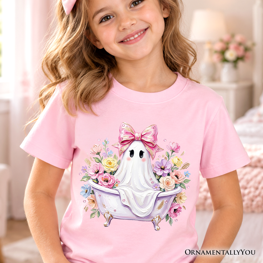 Kids Pink Bow Bathtub Ghost T-Shirt, Floral Coquette Halloween Youth Tee