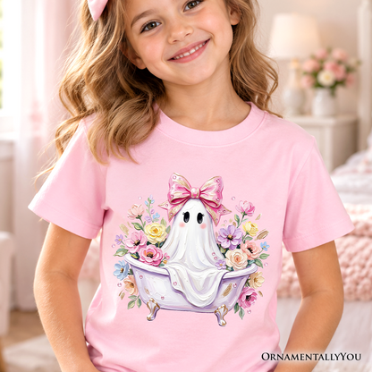 Kids Pink Bow Bathtub Ghost T-Shirt, Floral Coquette Halloween Youth Tee