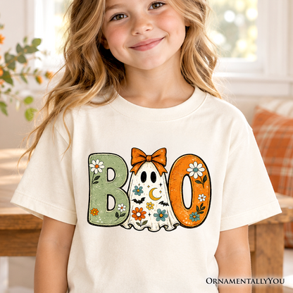 Boo Floral Ghost Kids T-Shirt, Coquette Bow Halloween Tee for Youth Girls