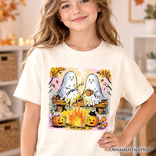 Kids Cozy Campfire Ghosts T-Shirt, Fall Halloween Pumpkin Youth Tee