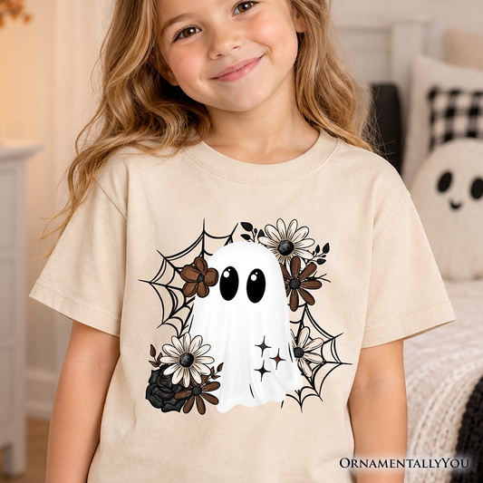 Kids Floral Ghost T-Shirt, Neutral Boho Halloween Spider Web Youth Tee