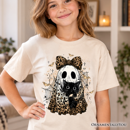 Kids Leopard Bow Ghost with Black Cat T-Shirt, Spooky Halloween Spider Web Youth Tee