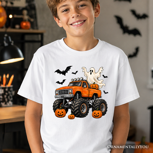 Halloween Monster Truck Kids T-Shirt, Ghost Pumpkin Spooky Vehicle Tee for Youth Boys