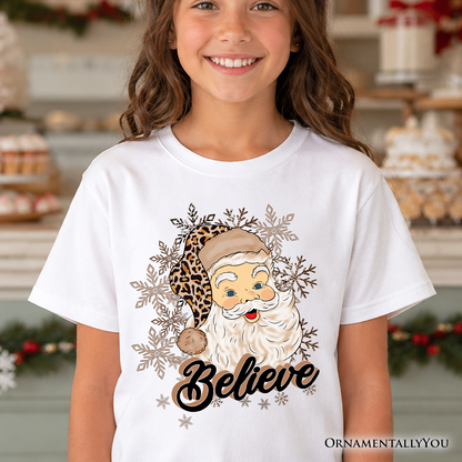 Kids Believe Santa Cheetah Leopard T-Shirt, Retro Christmas Youth Tee